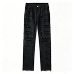 Black Men's Distressed Skinny Jeans with Patchwork Detailing - Flat Lay