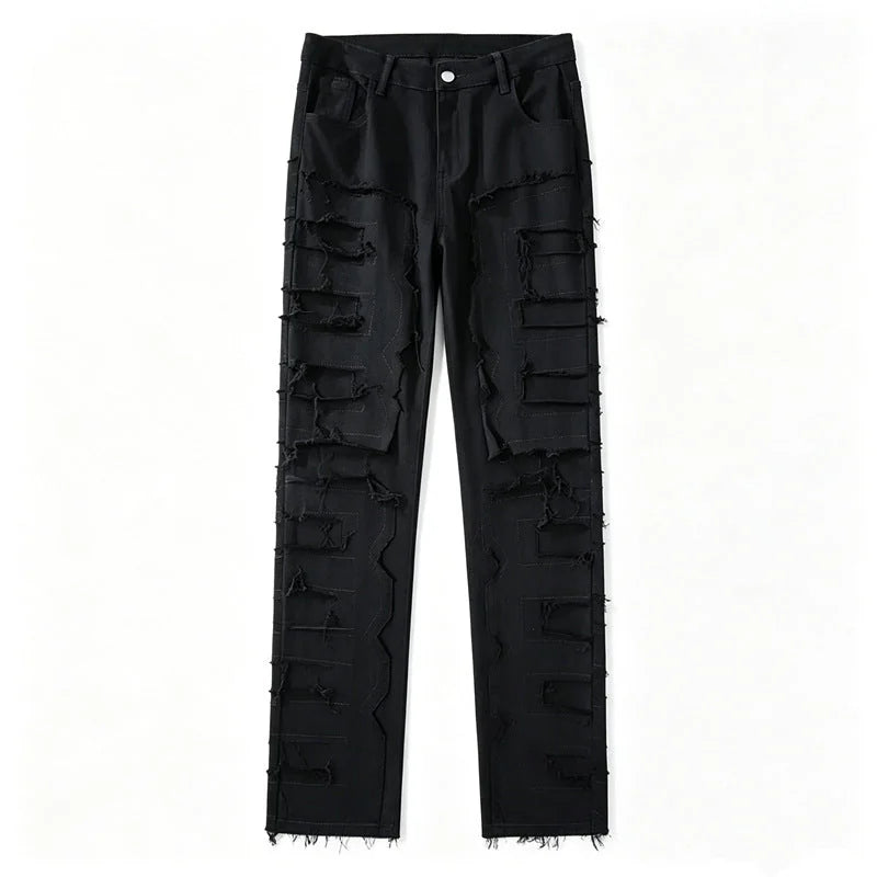 Black Men's Distressed Skinny Jeans with Patchwork Detailing - Flat Lay