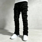 Black Men's Distressed Skinny Jeans with Patchwork Detailing - Front Close Detail