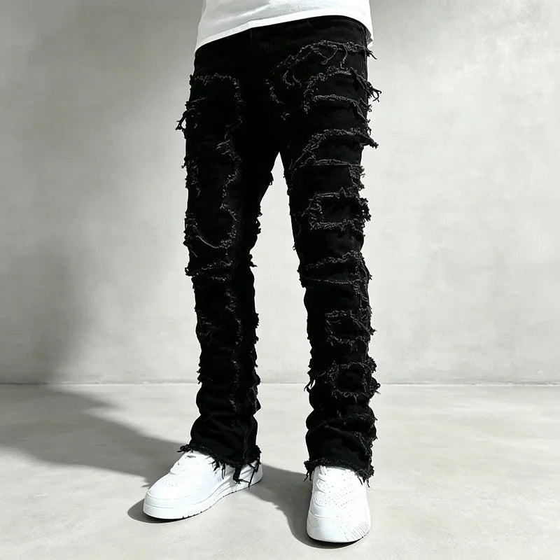 Black Men's Distressed Skinny Jeans with Patchwork Detailing - Front Close Detail