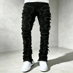 Black Men's Distressed Skinny Jeans with Patchwork Detailing - Front Full Worn