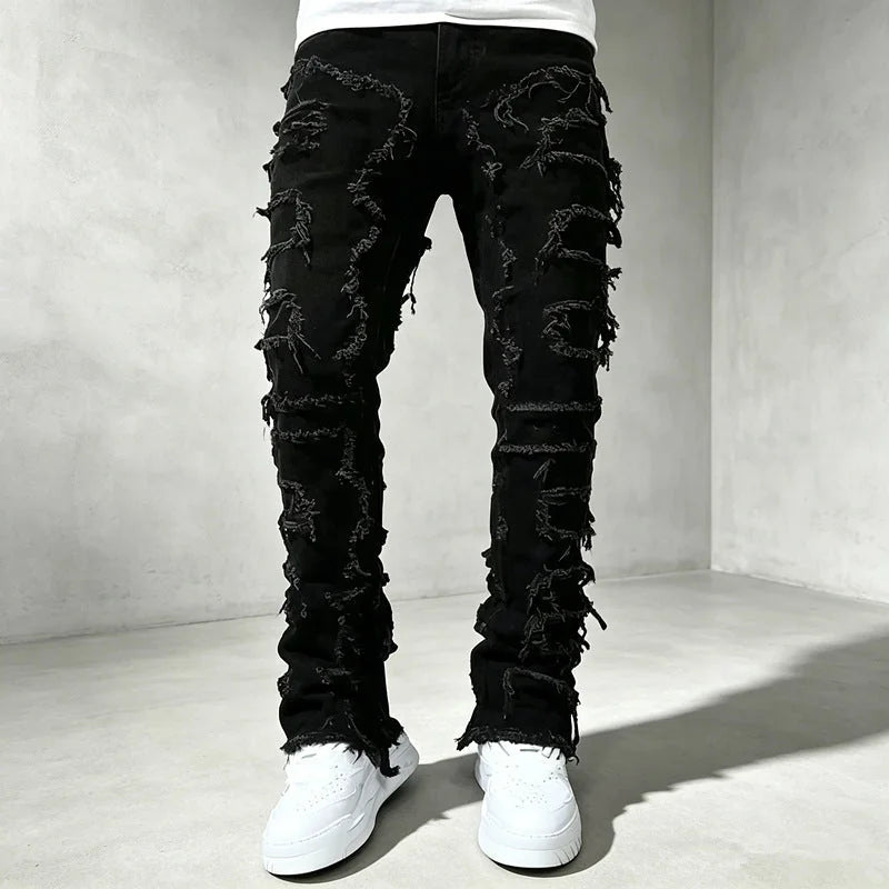 Black Men's Distressed Skinny Jeans with Patchwork Detailing - Front Full Worn