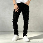 Black Men's Distressed Skinny Jeans with Patchwork Detailing - Front Full