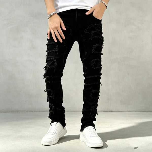 Men's Distressed Skinny Jeans with Patchwork Detailing — Everett