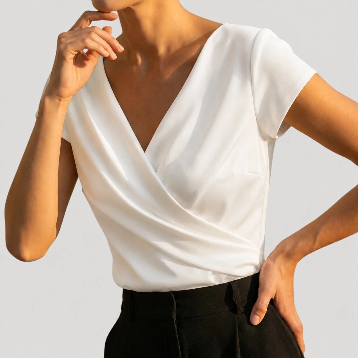 White Women's Wrap Blouse with Draped Satin Front & Cap Sleeves — Francesca - Side Pose