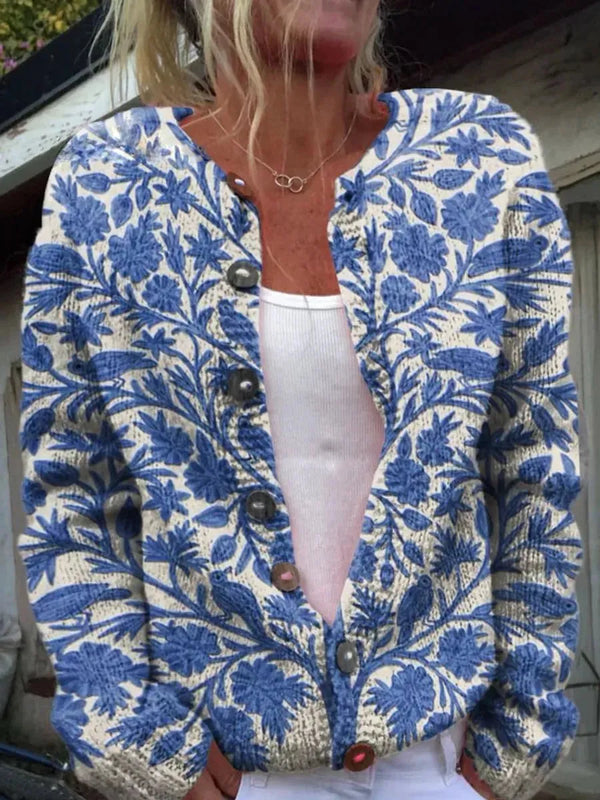 Style 1 Women's Embroidered Cardigan with Button-Front Ribbed Knit Detail - Front Full