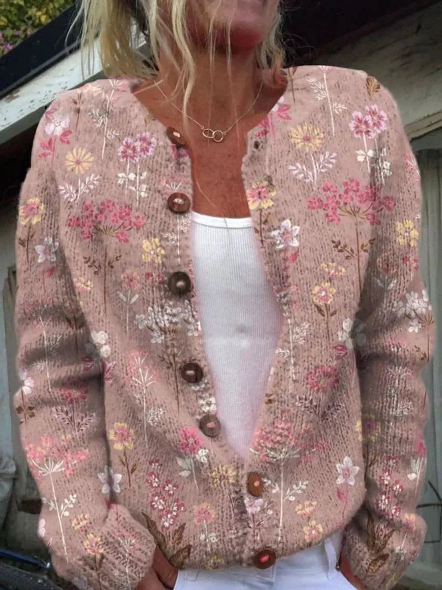 Style 3 Women's Embroidered Cardigan with Button-Front Ribbed Knit Detail - Front Pose