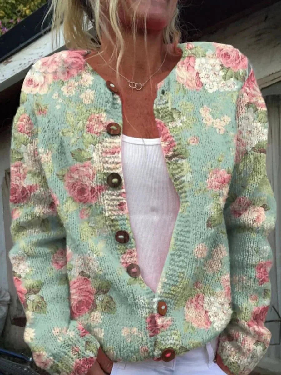 Style 6 Women's Embroidered Cardigan with Button-Front Ribbed Knit Detail - Front Detail