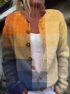 Style 8 Women's Embroidered Cardigan with Button-Front Ribbed Knit Detail - Colorblock Detail