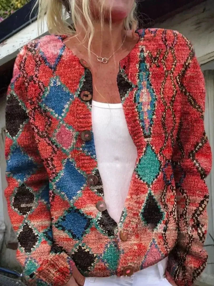 Style 7 Women's Embroidered Cardigan with Button-Front Ribbed Knit Detail - Pattern Detail