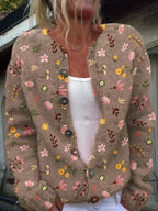Style 5 Women's Embroidered Cardigan with Button-Front Ribbed Knit Detail - Outdoor Pose