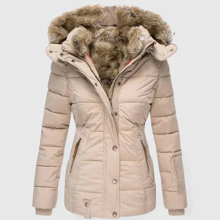 Beige Women's Faux Fur Hooded Winter Coat with Zip Pockets