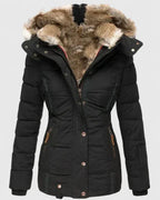 Black Women's Faux Fur Hooded Winter Coat with Zip Pockets