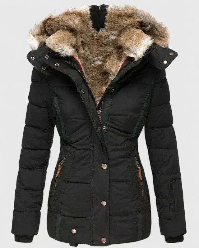 Black Women's Faux Fur Hooded Winter Coat with Zip Pockets