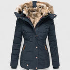 Blue Women's Faux Fur Hooded Winter Coat with Zip Pockets