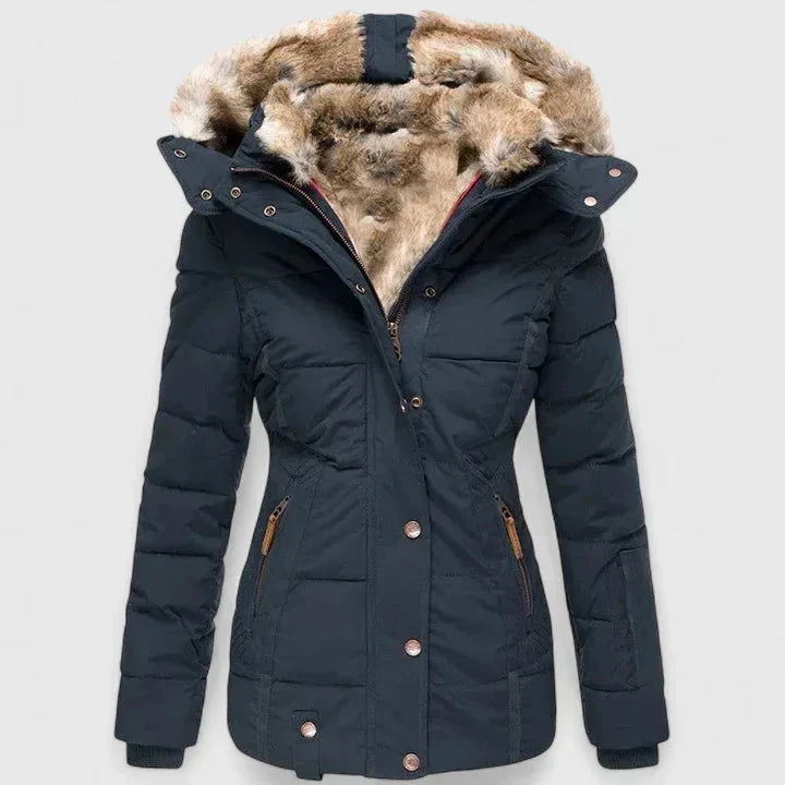 Blue Women's Faux Fur Hooded Winter Coat with Zip Pockets