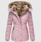 Pink Women's Faux Fur Hooded Winter Coat with Zip Pockets