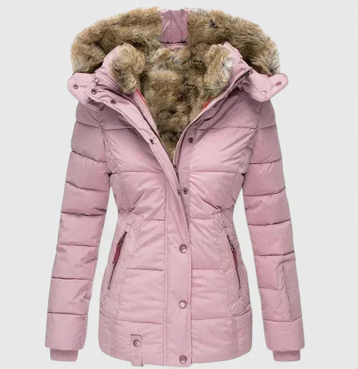 Pink Women's Faux Fur Hooded Winter Coat with Zip Pockets