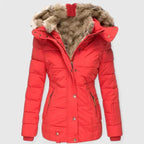 Red Women's Faux Fur Hooded Winter Coat with Zip Pockets