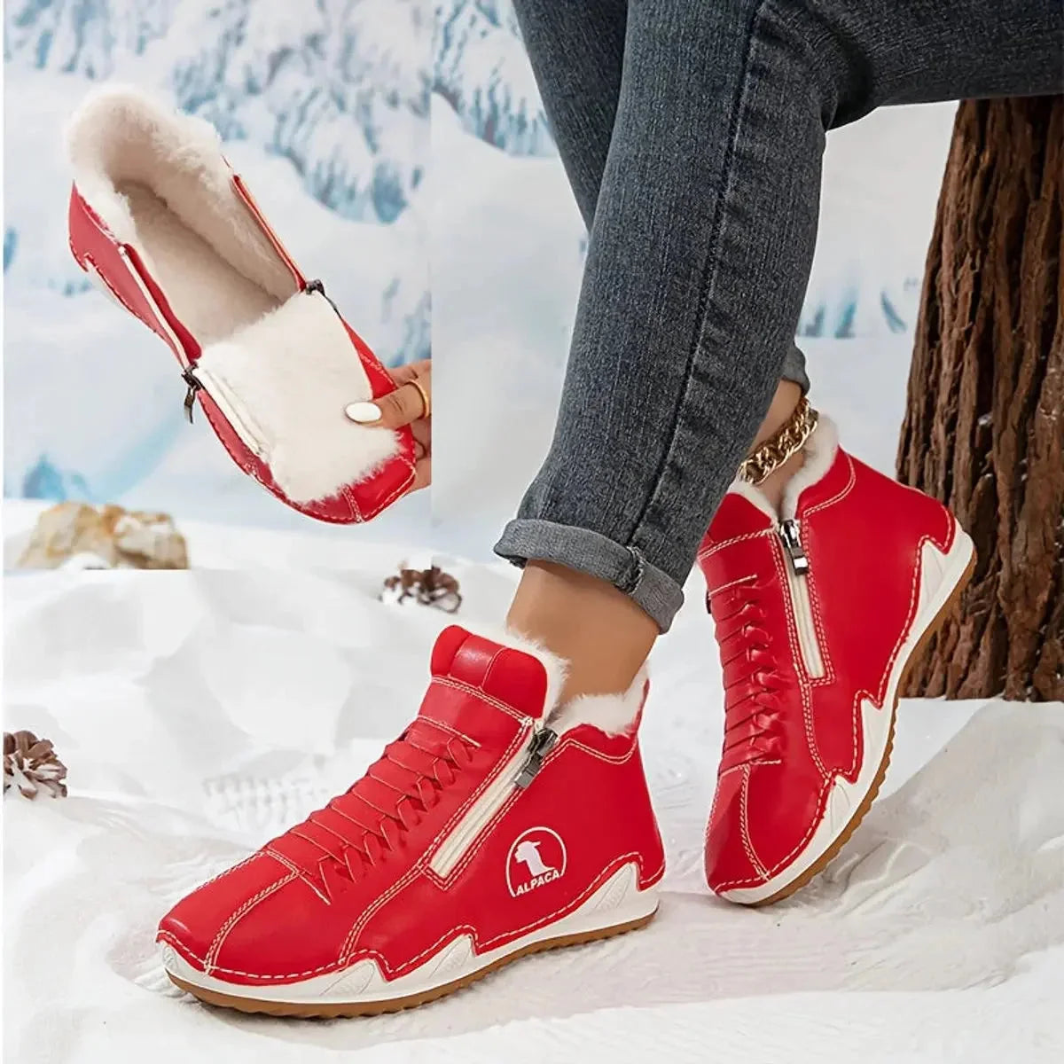 Pink Women's Winter Ankle Boots with Faux-Fur Lining & Cushioned Footbed — Reagan - Fur Cuff Pull Detail Red
