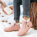 Pink Women's Winter Ankle Boots with Faux-Fur Lining & Cushioned Footbed — Reagan - Fur Cuff Pull Detail