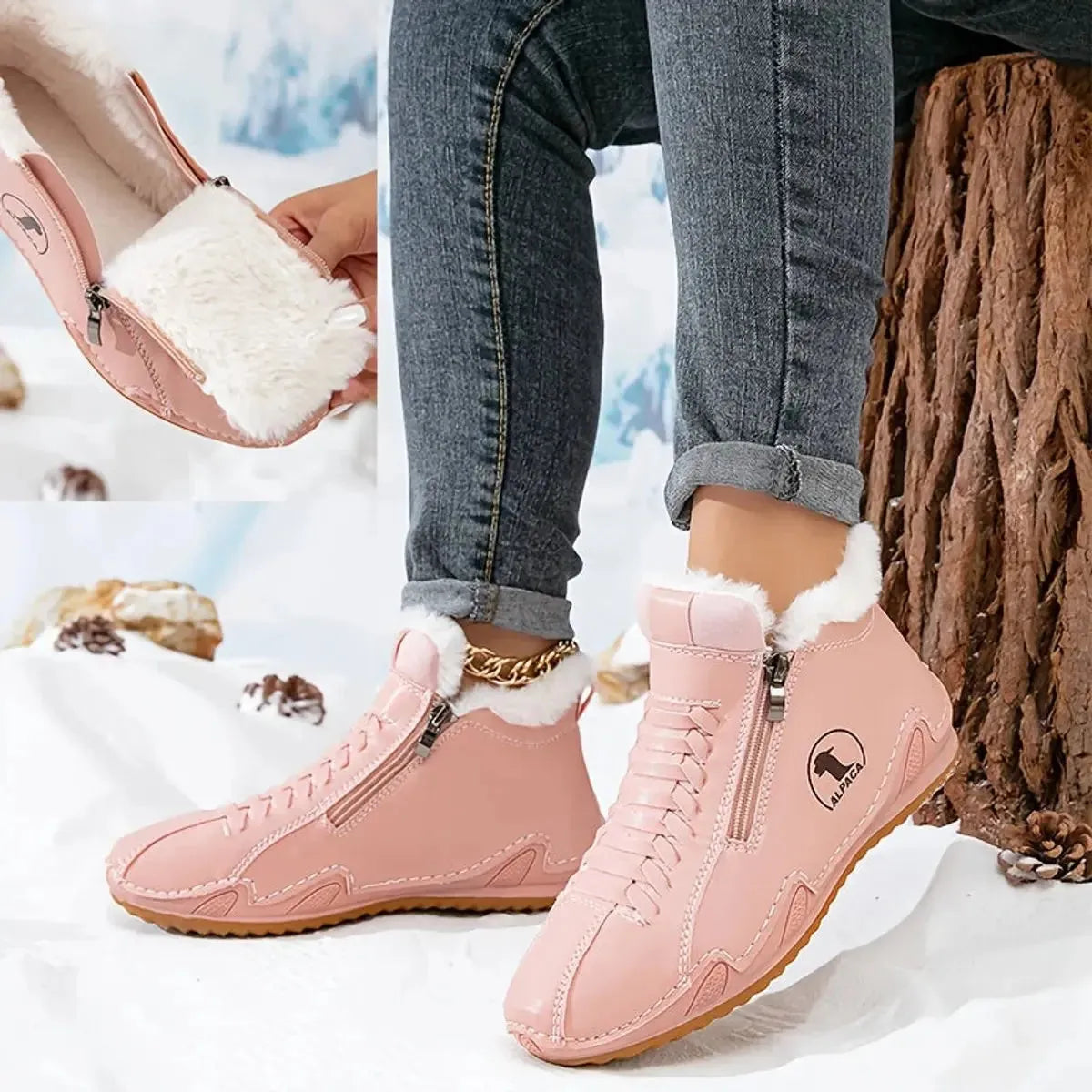 Pink Women's Winter Ankle Boots with Faux-Fur Lining & Cushioned Footbed — Reagan - Fur Cuff Pull Detail
