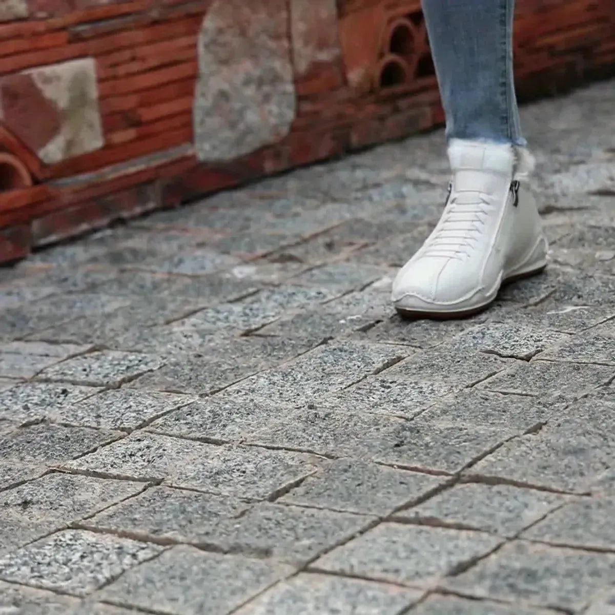 White Women's Winter Ankle Boots with Faux-Fur Lining & Cushioned Footbed — Reagan - Close Up Cobblestone Walk