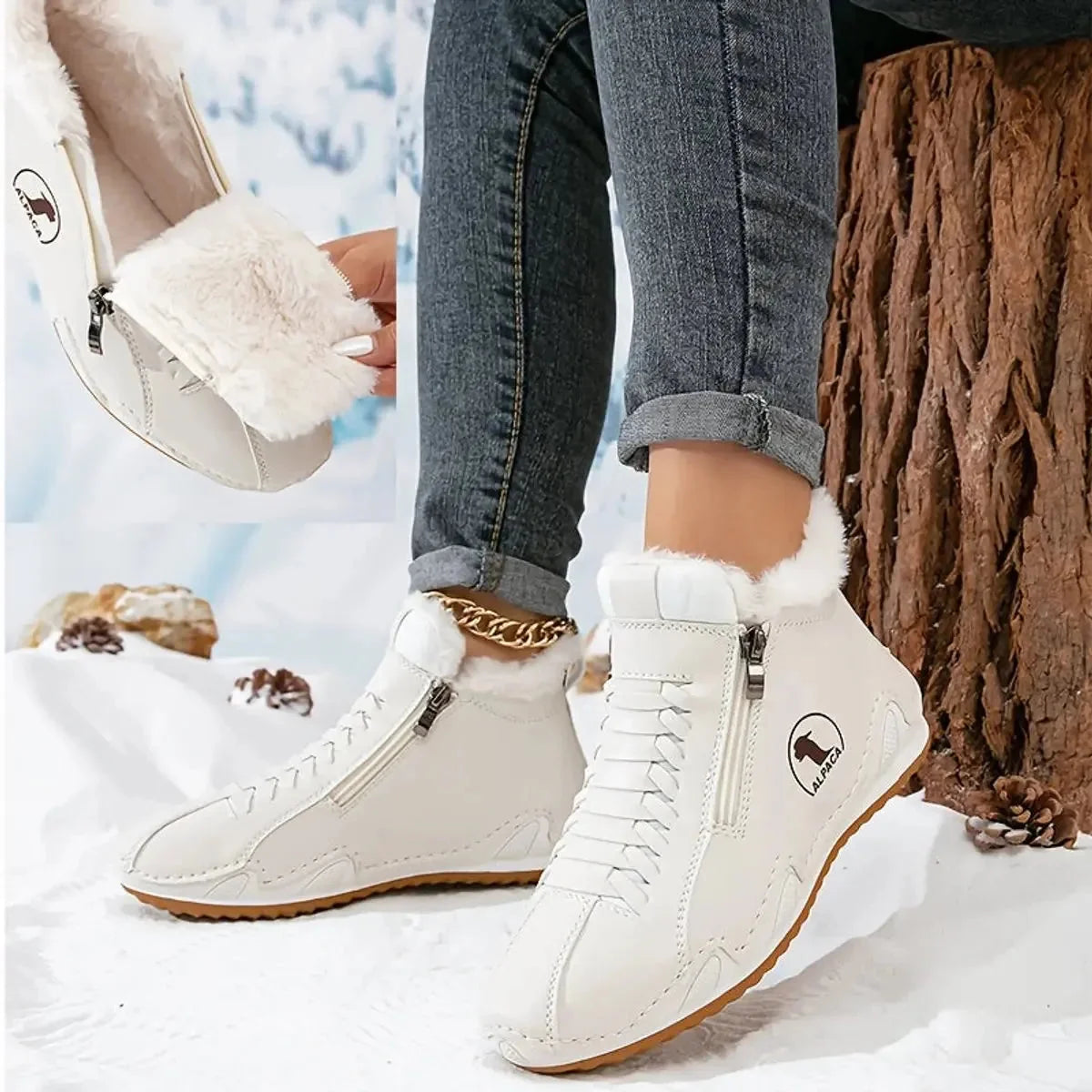 White Women's Winter Ankle Boots with Faux-Fur Lining & Cushioned Footbed — Reagan - Fur Cuff Detail