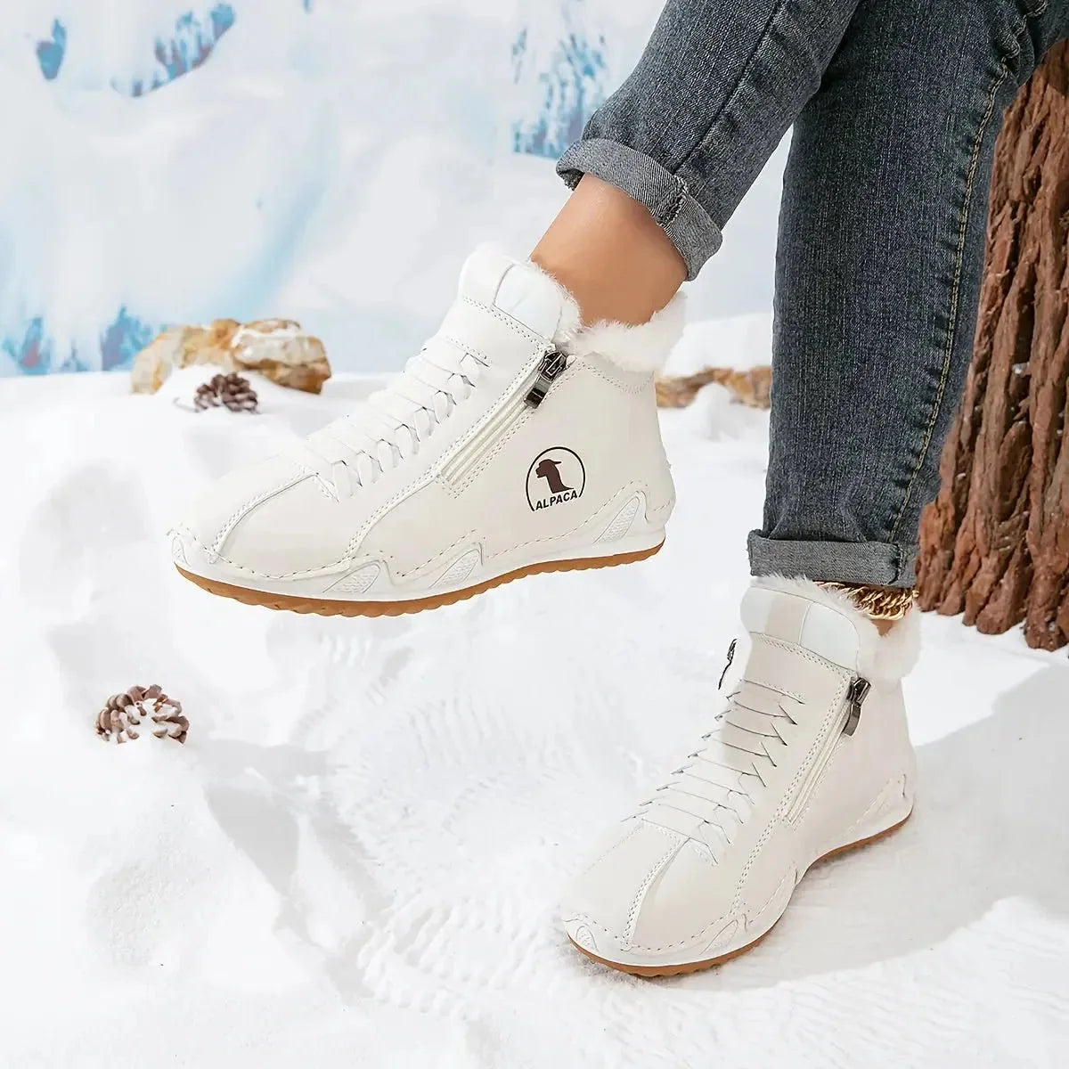 White Women's Winter Ankle Boots with Faux-Fur Lining & Cushioned Footbed