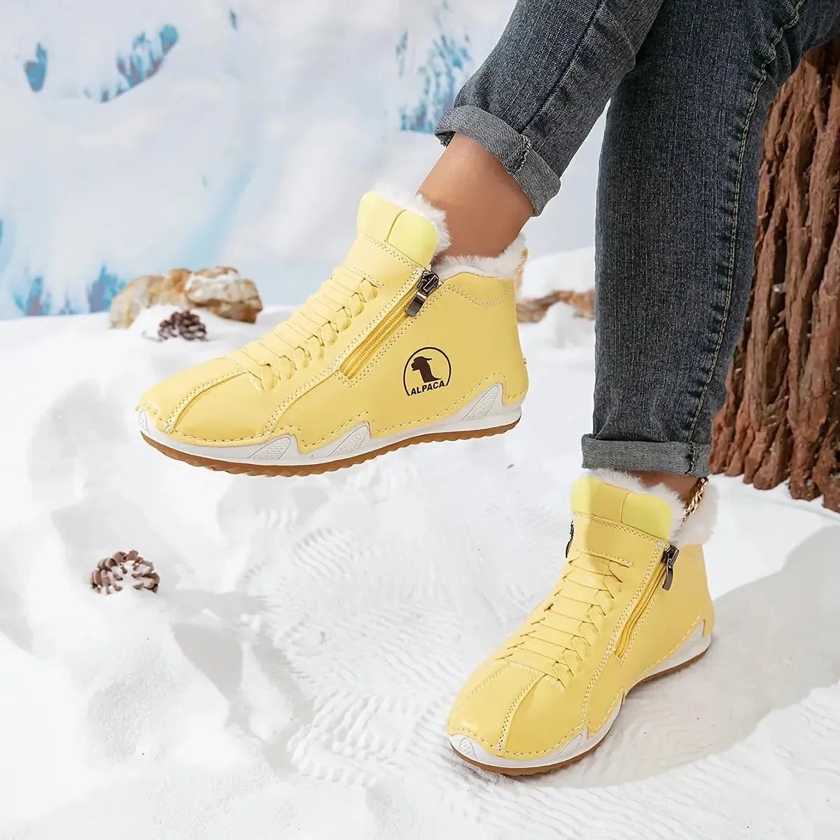 Yellow Women's Winter Ankle Boots with Faux-Fur Lining & Cushioned Footbed