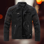 Black Men's Biker Jacket in Faux Leather with Zip Front & Multiple Pockets
