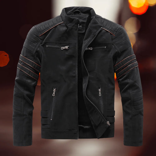 Black Men's Biker Jacket in Faux Leather with Zip Front & Multiple Pockets
