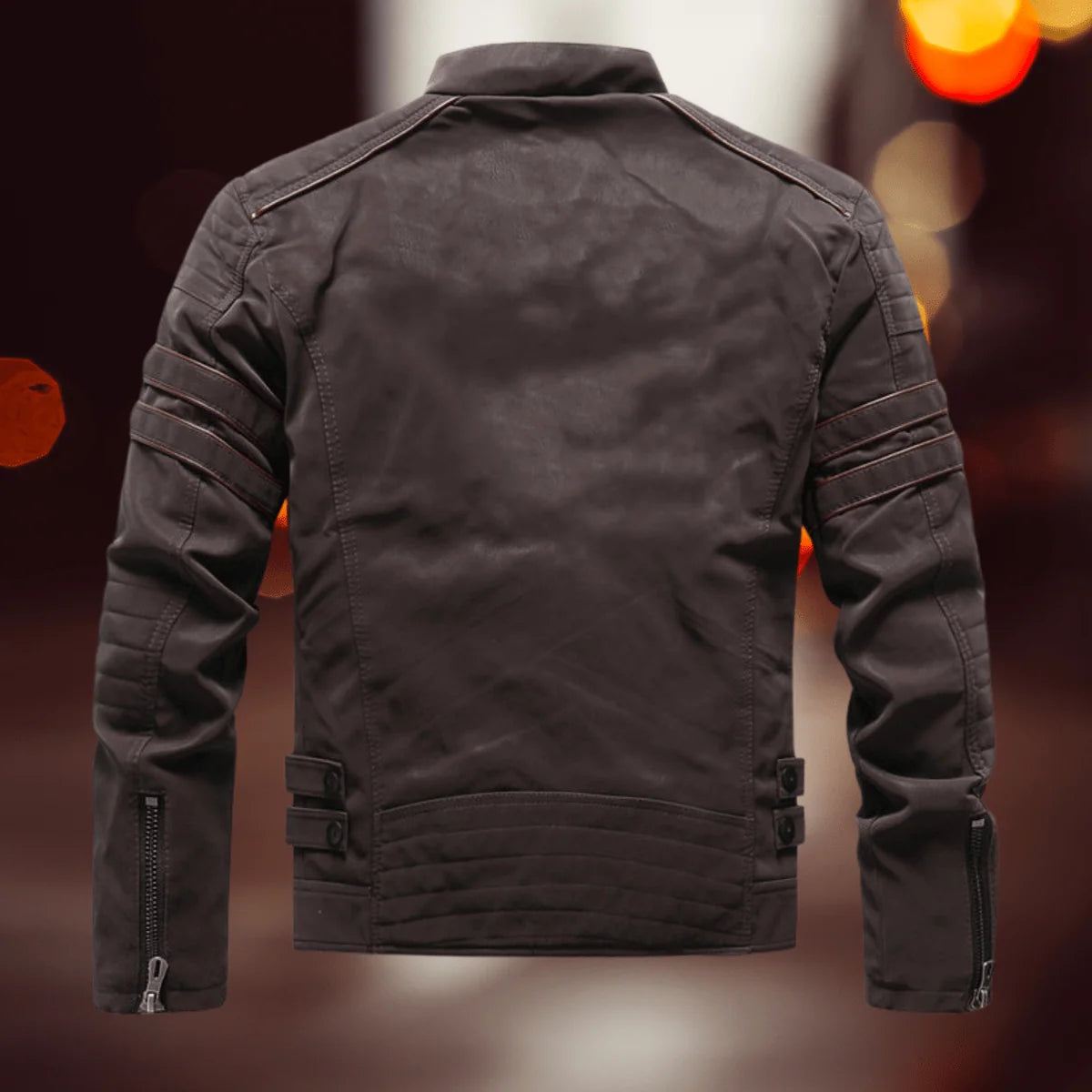 Men's Biker Jacket in Faux Leather with Zip Front & Multiple Pockets - Back Detail