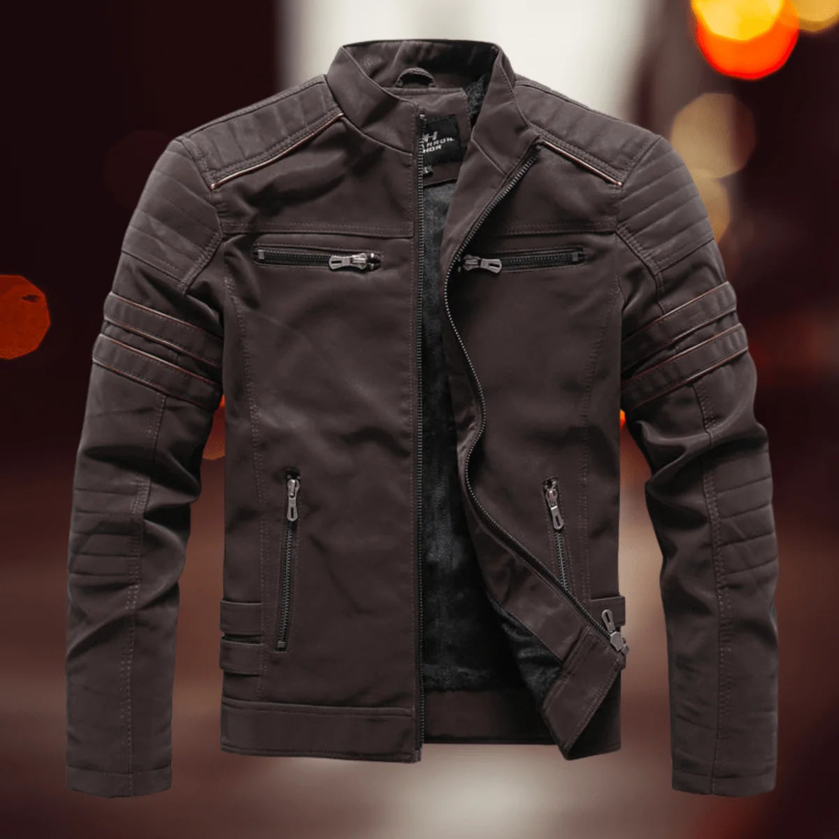 Brown Men's Biker Jacket in Faux Leather with Zip Front & Multiple Pockets