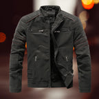 Dark Green Men's Biker Jacket in Faux Leather with Zip Front & Multiple Pockets - Front Open