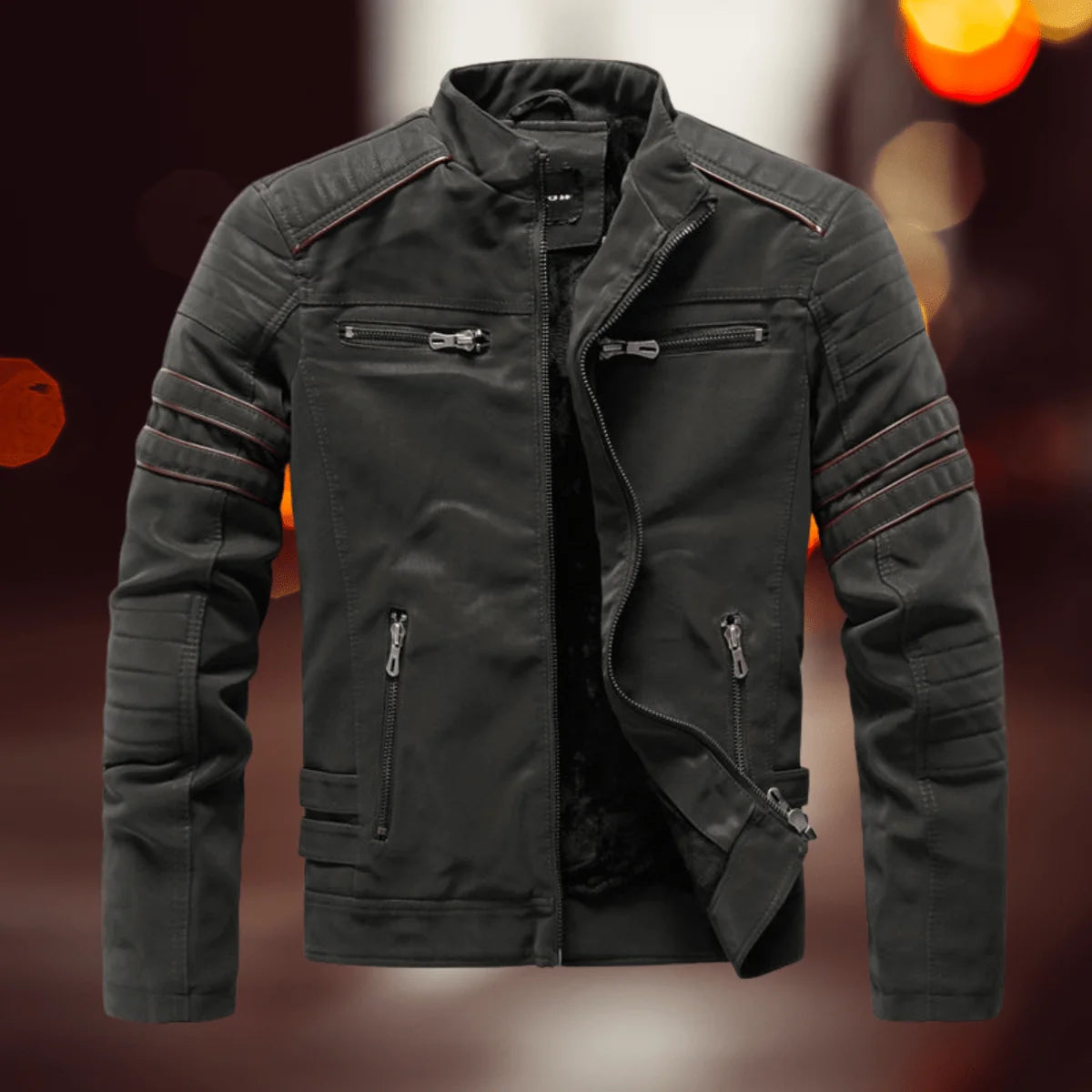 Dark Green Men's Biker Jacket in Faux Leather with Zip Front & Multiple Pockets - Front Open