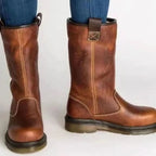 Brown Women's Fleece-Lined Leather Winter Boots with Slip-On Design - Back Detail