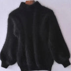 Black Women's Turtleneck Sweater with Fluffy Knit & Relaxed Fit — Faye