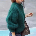 Green Women's Turtleneck Sweater with Fluffy Knit & Relaxed Fit — Faye