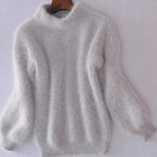 Grey Women's Turtleneck Sweater with Fluffy Knit & Relaxed Fit — Faye
