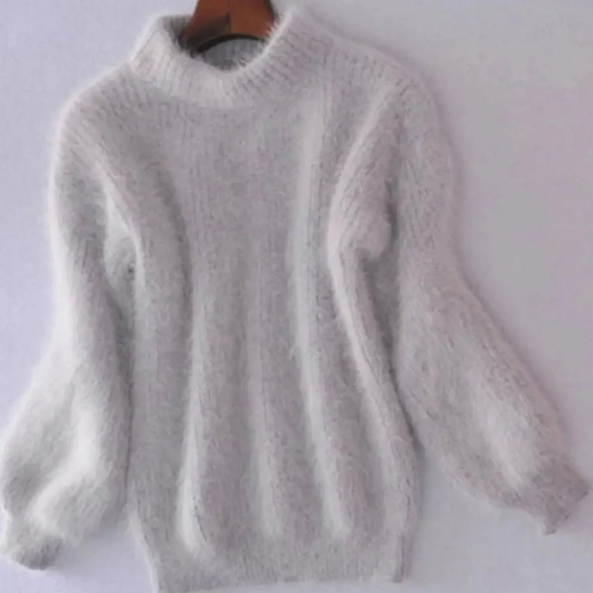 Grey Women's Turtleneck Sweater with Fluffy Knit & Relaxed Fit — Faye
