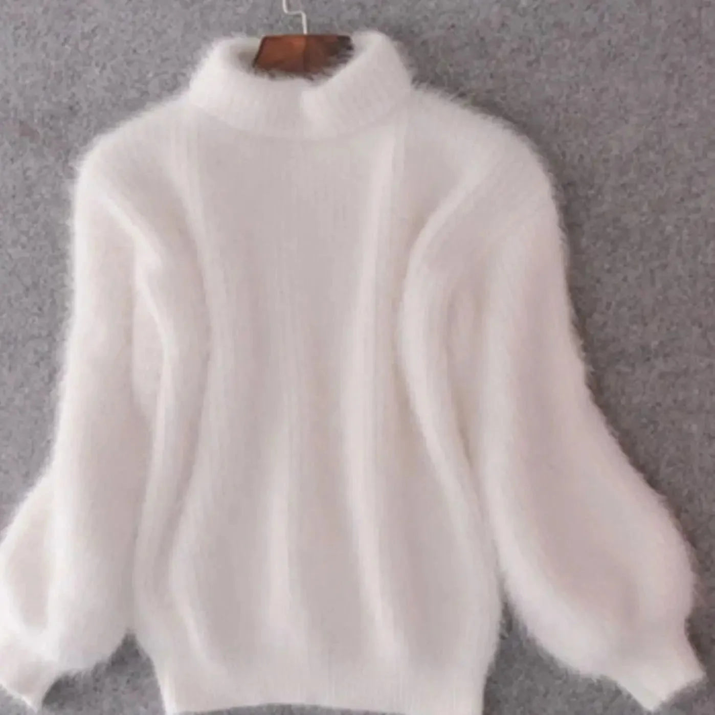 White Women's Turtleneck Sweater with Fluffy Knit & Relaxed Fit — Faye