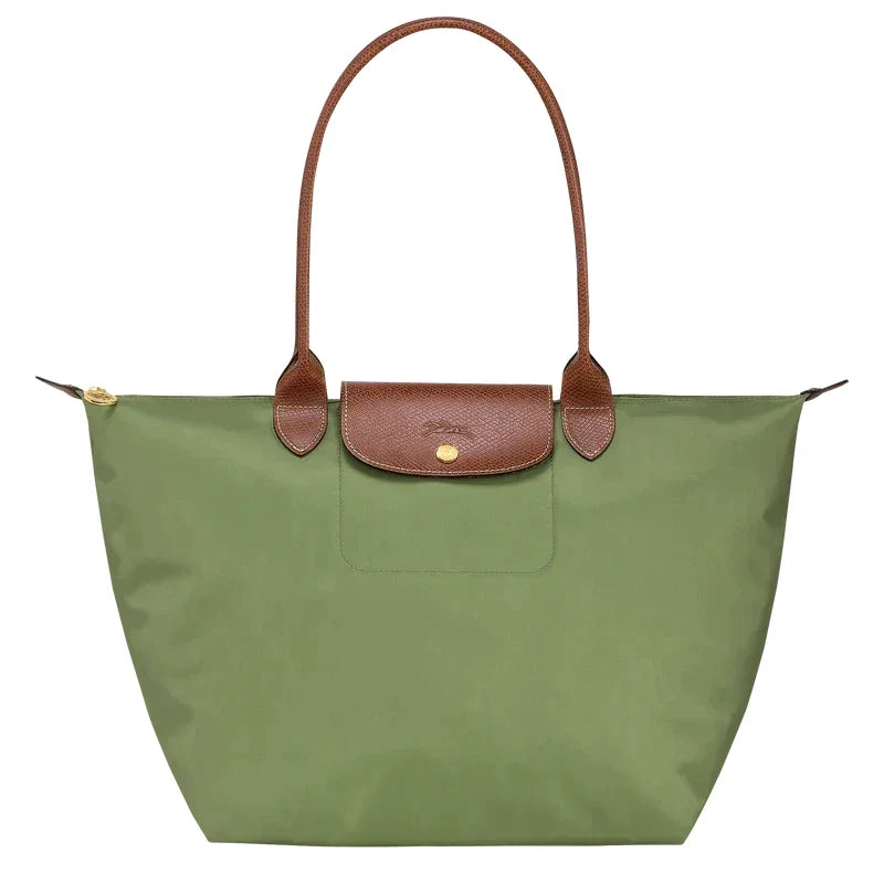 Women's Structured Foldable Tote Bag with Leather Trim & Snap Flap - Olive Front