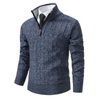 Men's Half Zip Sweater with Ribbed Stand Collar & Relaxed Fit - Blue Front Angle