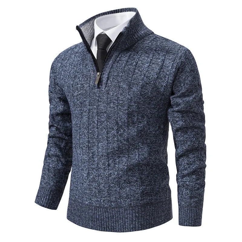 Men's Half Zip Sweater with Ribbed Stand Collar & Relaxed Fit - Blue Front Angle