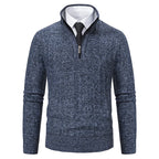 Blue Men's Half Zip Sweater with Ribbed Stand Collar & Relaxed Fit - Studio Front