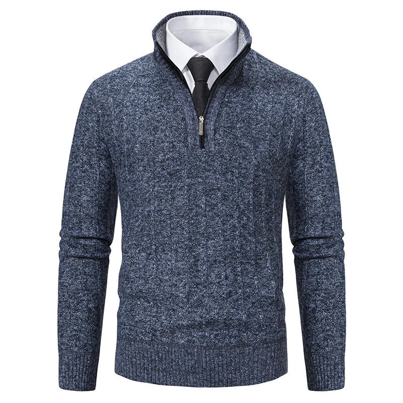 Blue Men's Half Zip Sweater with Ribbed Stand Collar & Relaxed Fit - Studio Front