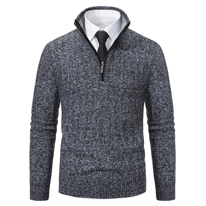 Men's Half Zip Sweater with Ribbed Stand Collar & Relaxed Fit - Dark Grey Front Full