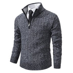 Men's Half Zip Sweater with Ribbed Stand Collar & Relaxed Fit - Dark Grey Front Pose