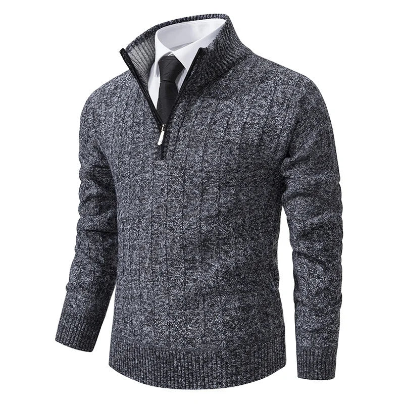 Men's Half Zip Sweater with Ribbed Stand Collar & Relaxed Fit - Dark Grey Front Pose